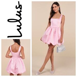Lulu’s Regal Cutie Light Pink Satin Square Neck Bubble-Hem Mini Dress Sz:L